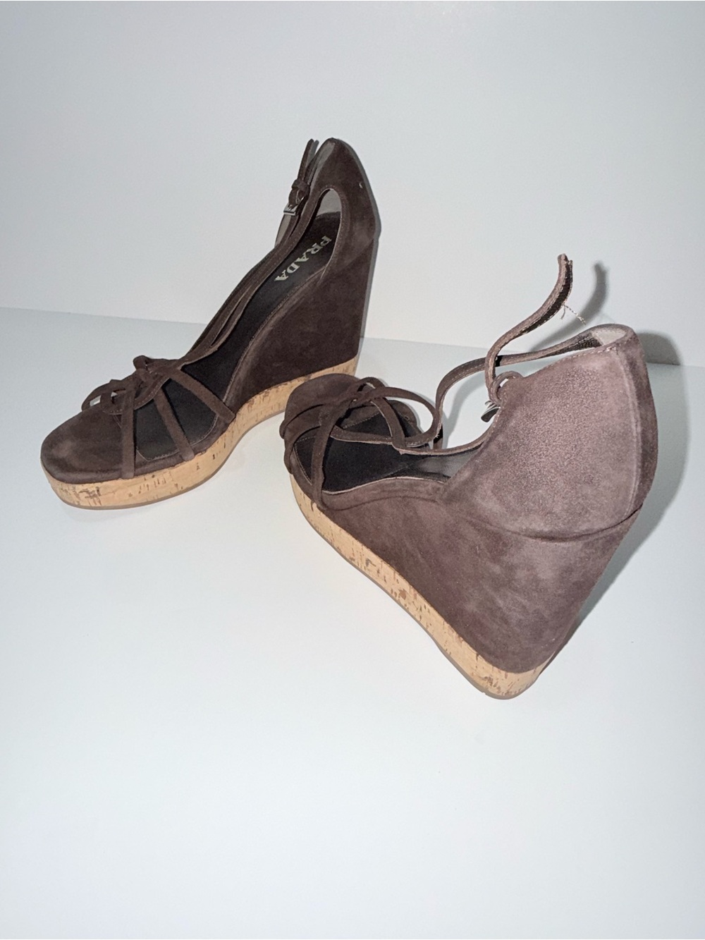 Prada Chocolate Brown Suede Cork Wedge Sandals